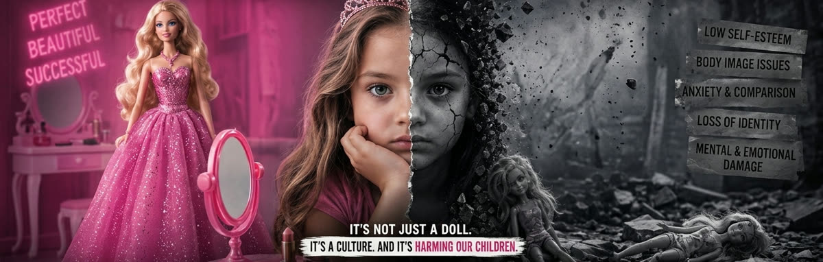 A girl's face split down the middle: one half in a pink Barbie bedroom, the other grey and cracked, in rubble