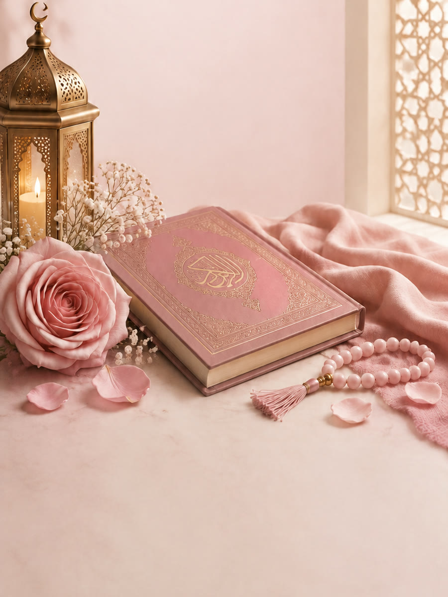 Marriage coaching — a Quran, prayer beads and a rose on soft fabric