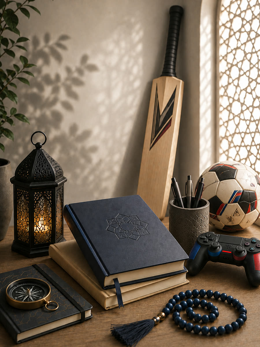 Youth coaching — a journal with an Islamic star motif, a cricket bat, a football and a games controller on a desk