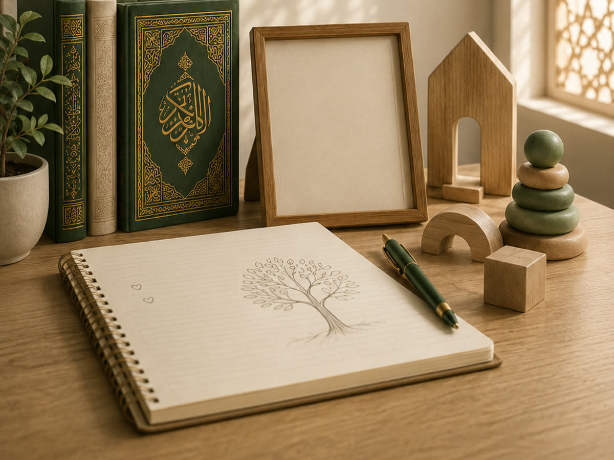 A Qur’an and Islamic books beside a notebook with a family tree drawn on it, and wooden toys