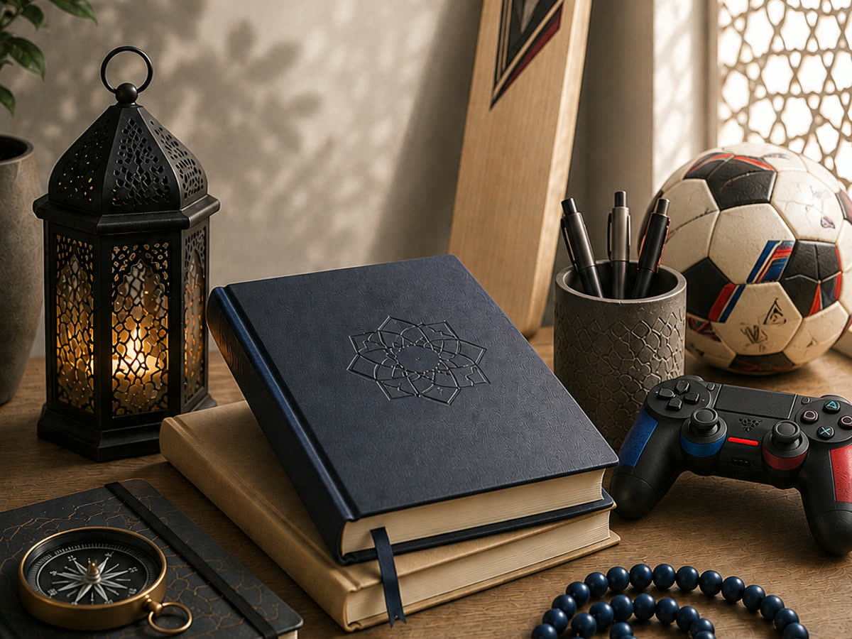 A journal with an Islamic star motif, a lantern and prayer beads on a desk beside a cricket bat, a football and a games controller